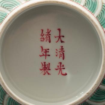 A famille rose yellow ground bowl. Late Qing dynasty, circa 1900, with Guangxu's six character mark.