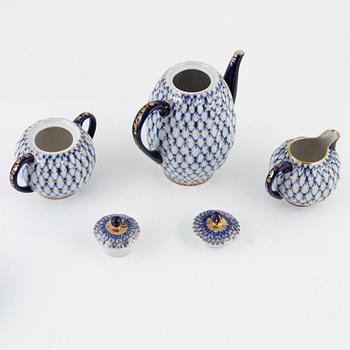 A 37-piece porcelain 'Cobalt Net' coffee and tea set, Lomonosov, Soviet Union.