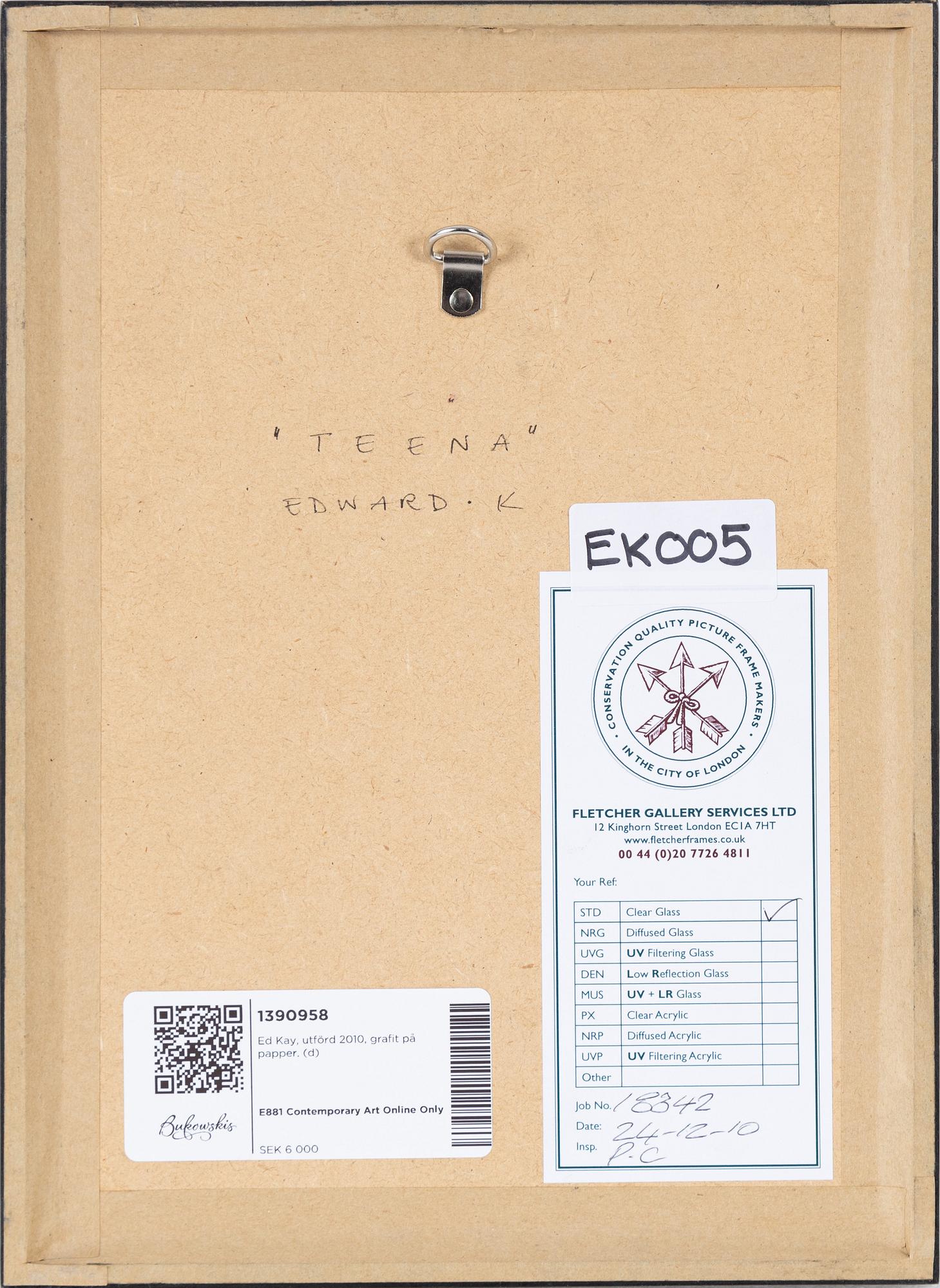 Ed Kay, signed Edward K on verso, executed in 2010, 
graphite on paper.