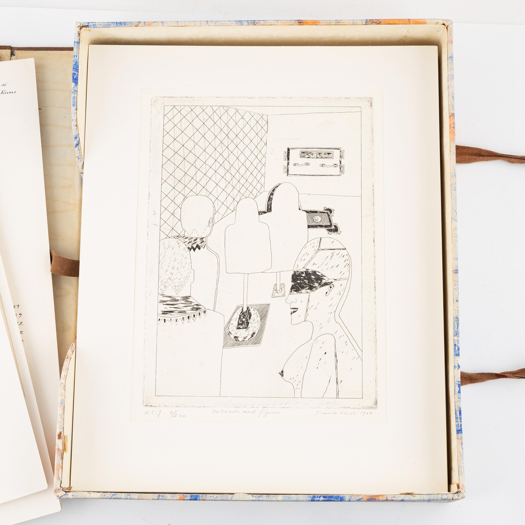 Franco Leidi, box with 35 copper plates/dry points, 1968-75.