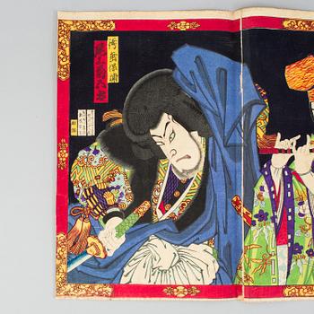 A Japanese woodblock print, triptych, by Toyohara Kunichika (1835–1900). Late 19th century.