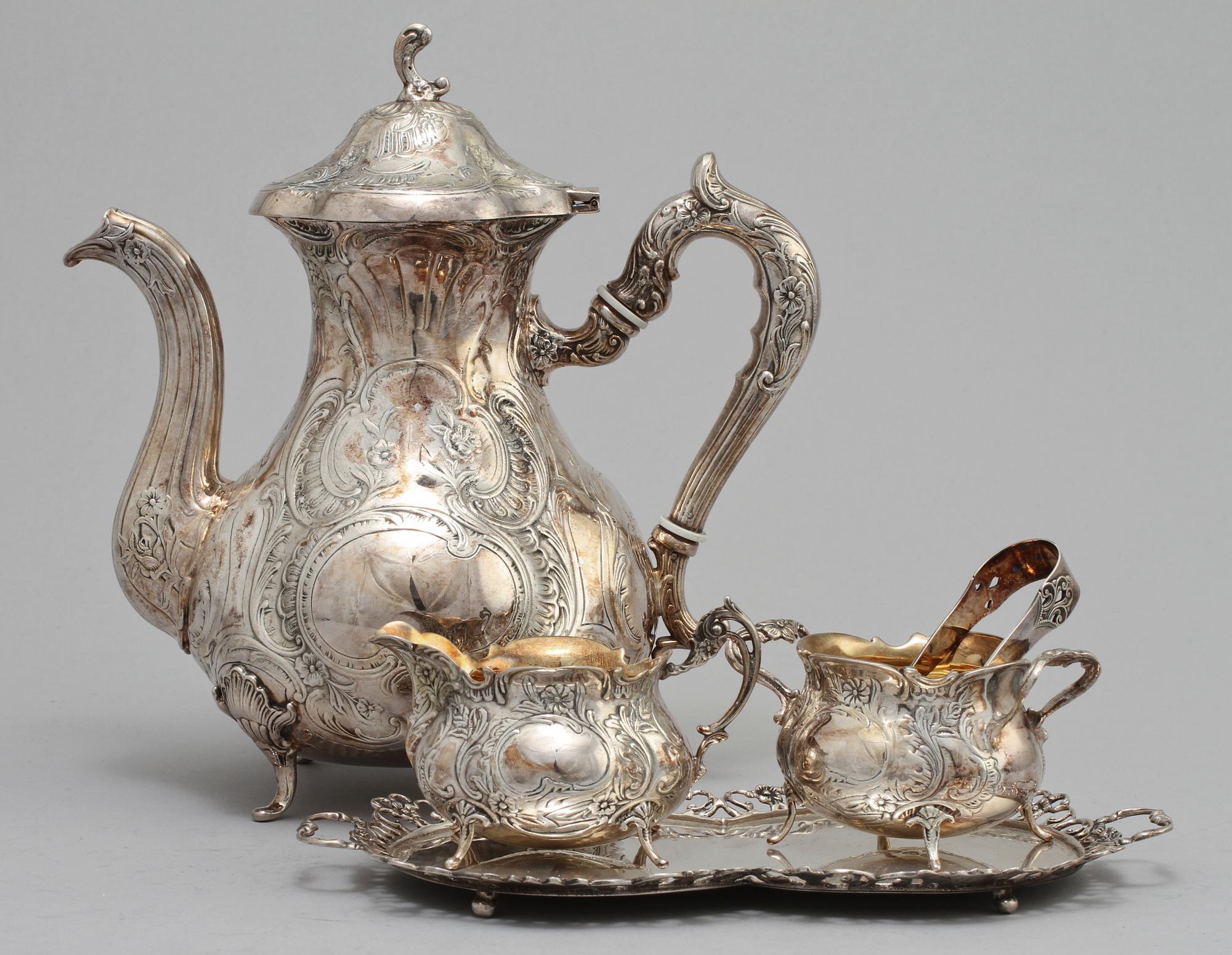 KAFFESERVIS, 5 delar, silver, rokokostil, mestadels GEWE, Malmö, 1970-tal. Vikt 1 430 g.