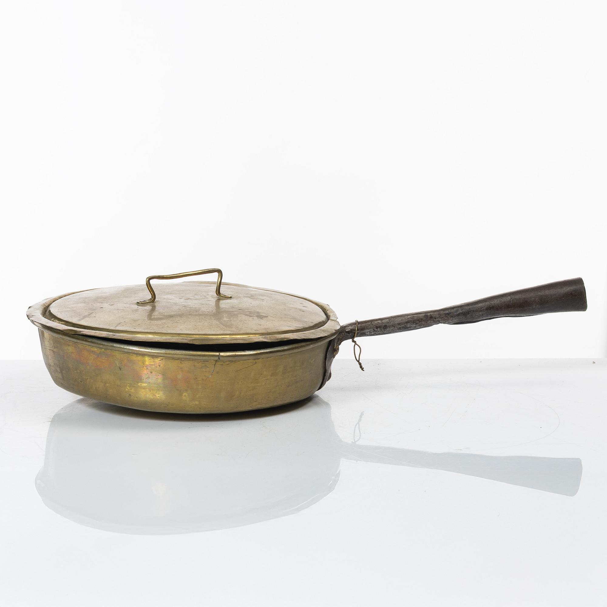 A Swedish brass lidded saucepan, 18th century.