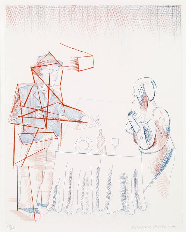 David Hockney, "Figure with still life", from: "The Blue Guitar".
