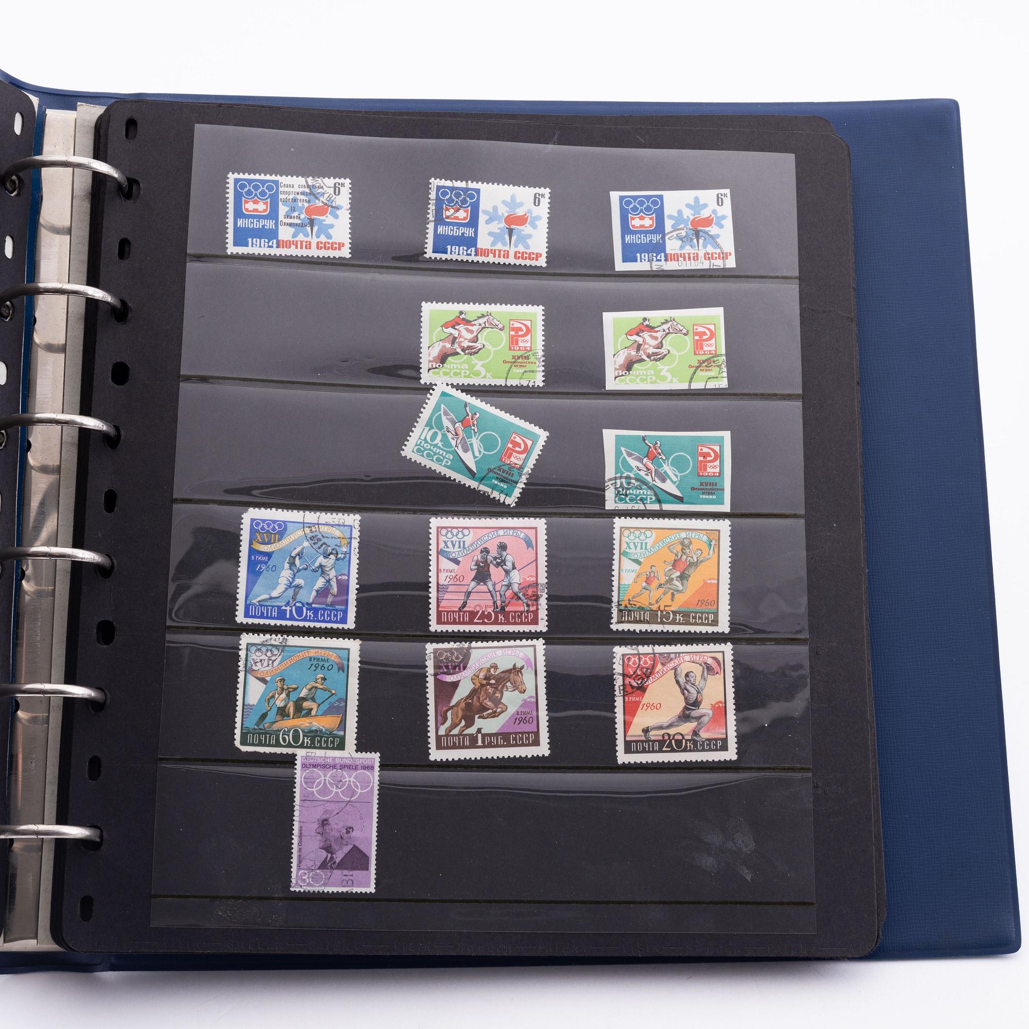 Olympic memorabilia: tickets, stamps, and cards.