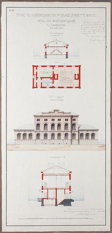 ARKITEKTRITNINGAR, 2 st, akvarell, daterade 27 april och 16 augusti 1882 i Helsingfors.