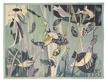 498. TAPESTRY. "Poissons verts" ("Green fish"). Tapestry weave (gobelängteknik). 106 x 139 cm. Signed GYNNING PF.