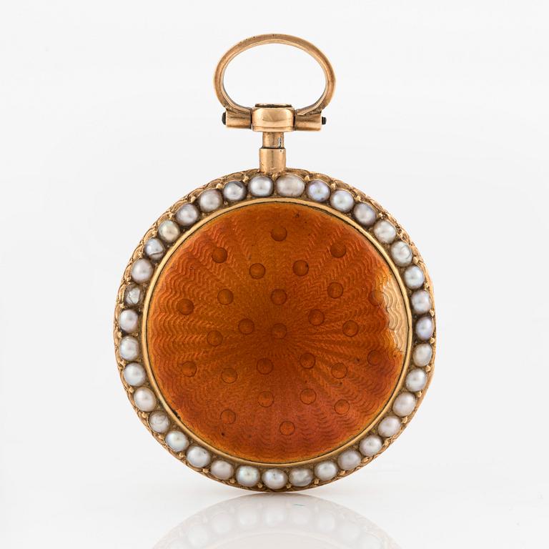 A Louis XVI gold, pearl and enamel pocket watch by Fol à Paris, late 18th century.