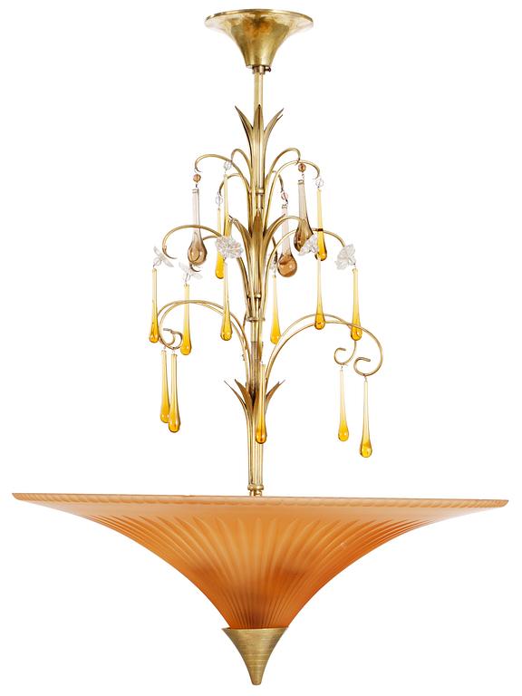 A 'Swedish grace' brass and cut glass ceiling lamp, by Böhlmarks, Stockholm 1920's-30's.