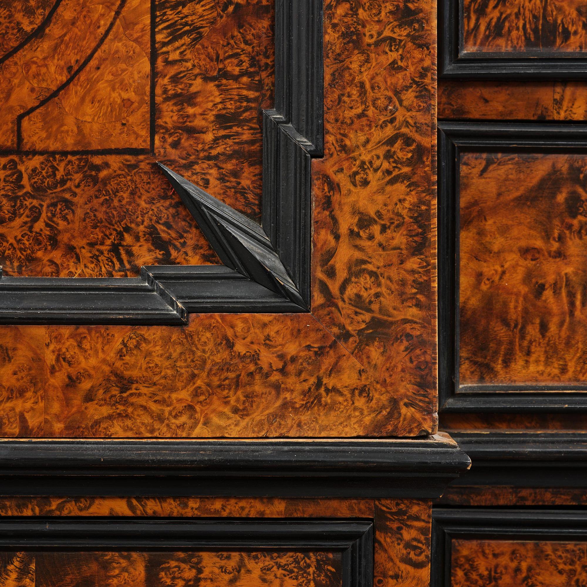 A Swedish burr-elm late baroque writing cabinet, first part 18th century.