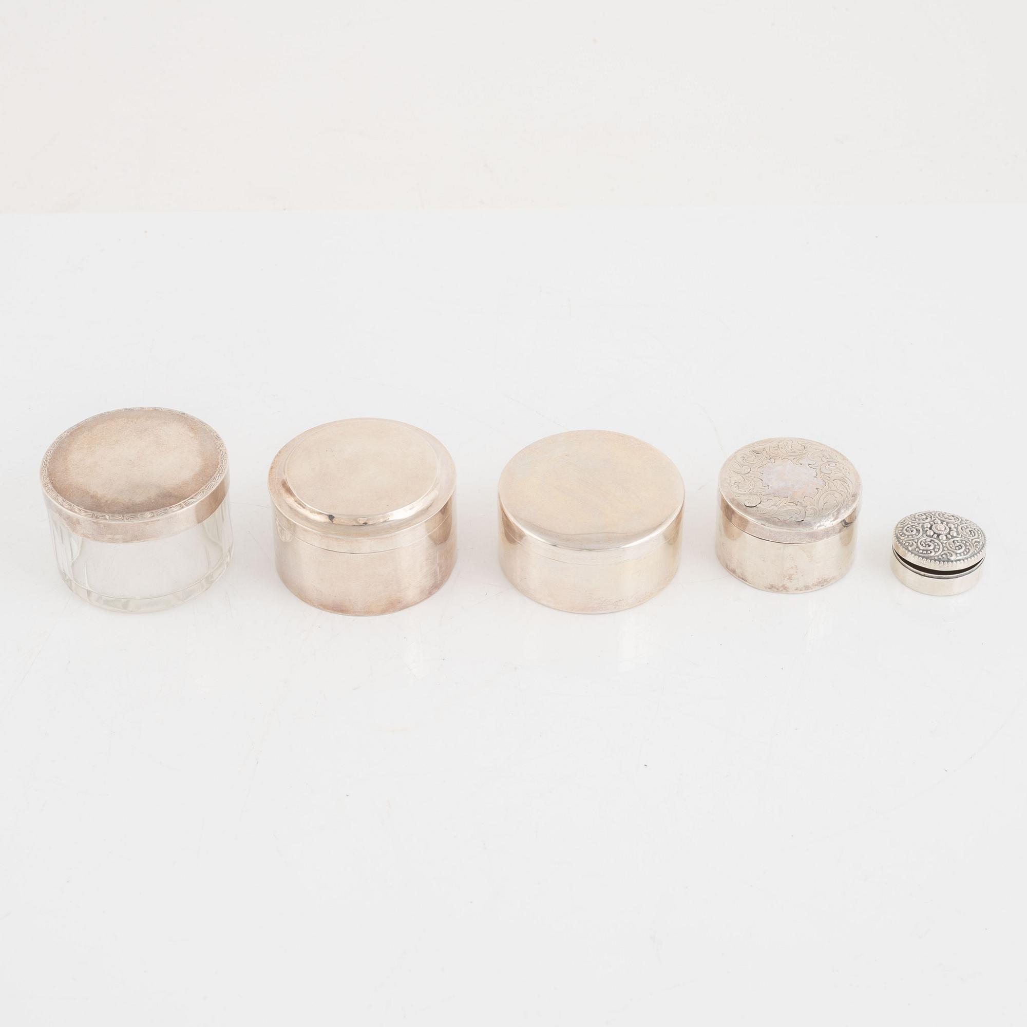 A group of five silver boxes, 19th/20th Century.