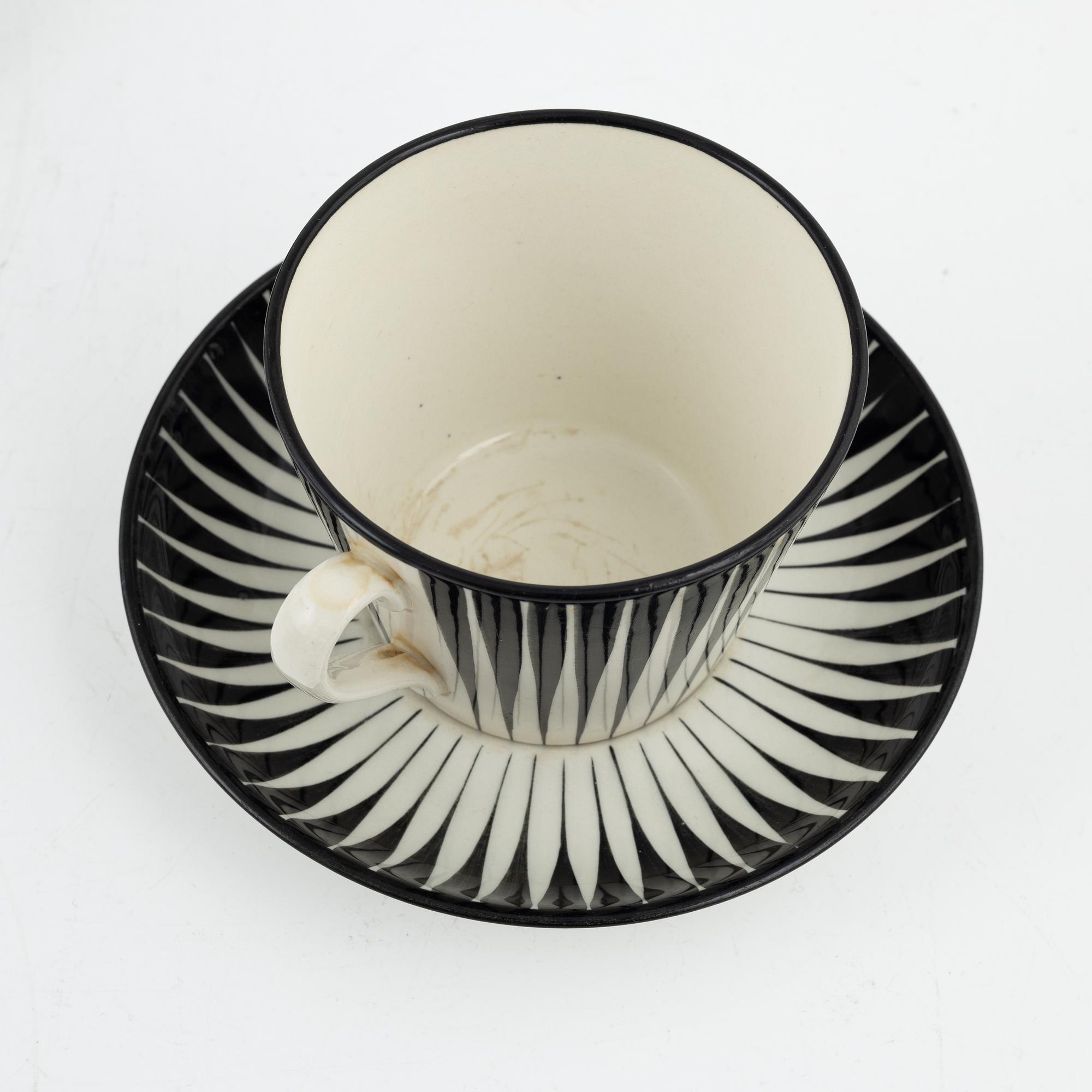 Eugen Trost, tekoppar med fat, 4 st, flintgods, "Zebra", Gefle.