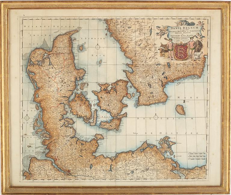 Frederik de Wit, a hand-coloured map of Denmark and Scania, ca 1680.