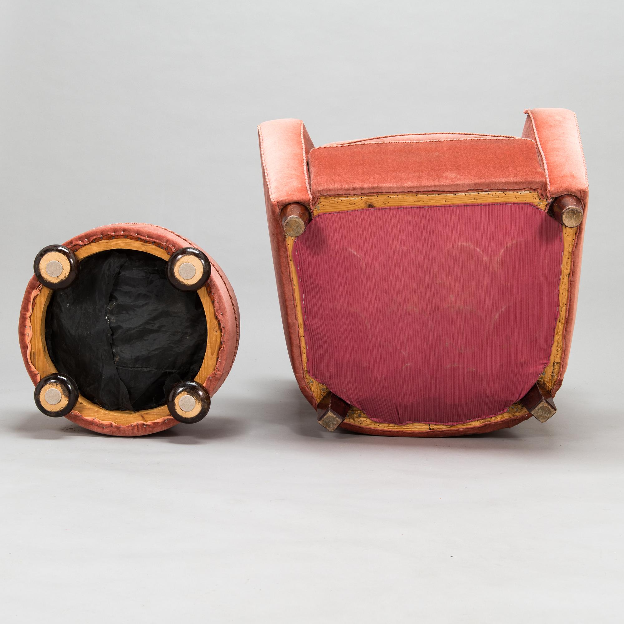 A mid-20th century armchair and ottoman.