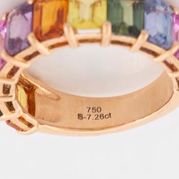 Emerald cut multicolured sapphire ring.