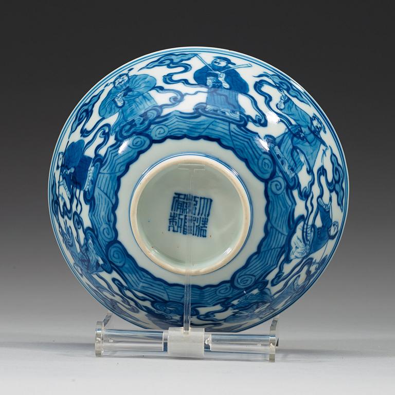 A set of six blue and white bowls depicting the eight immortals crossing the sea, late Qing dynasty with Qianlong mark.