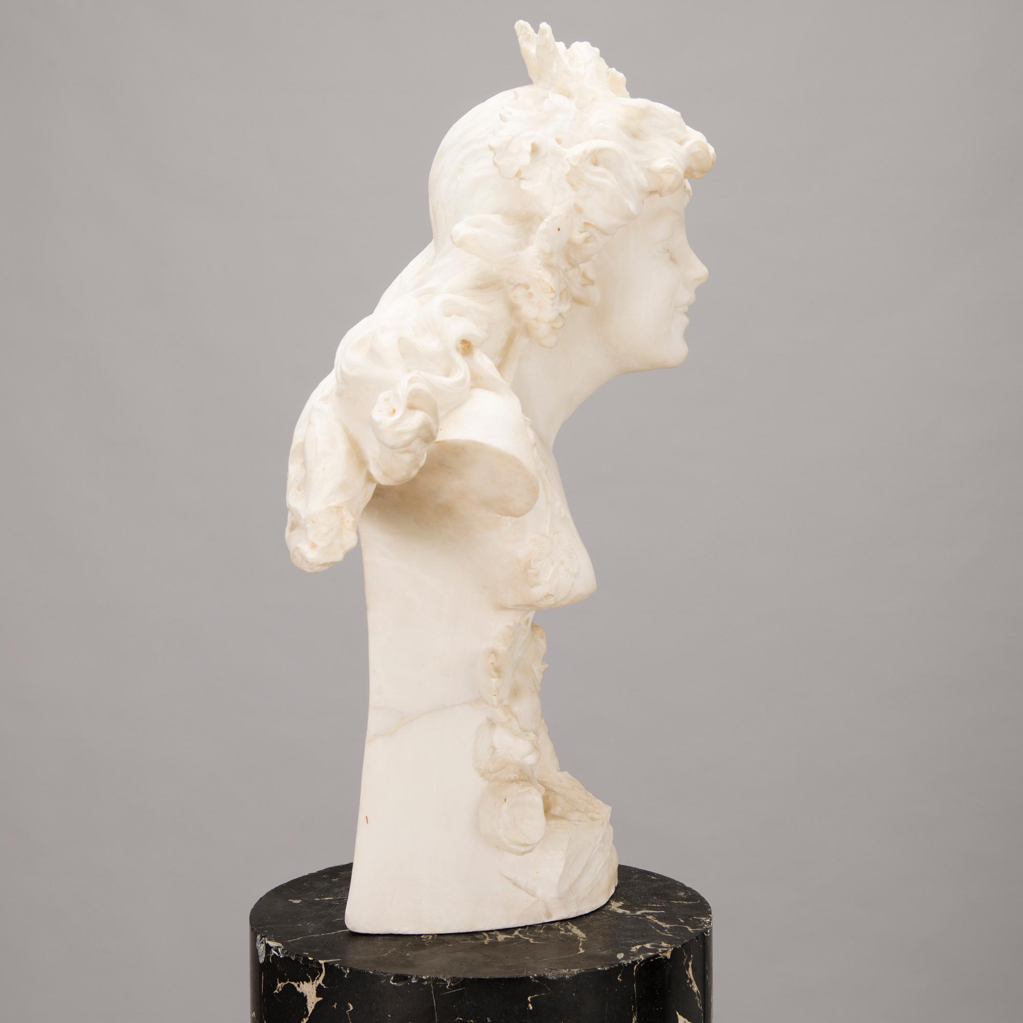 AN RENÉ CHARLES MASSÉ, "Allegorie de la vigne", after, signed female alabaster bust on a pedestal.