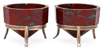 A pair of Swedish early 19th century iron-silicon salts. Silver stands with maker's mark J. H. Leffler, Falun 1817.