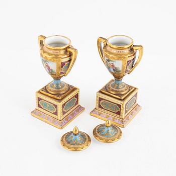 A pair of miniature urns, Vienna-style mark, circa 1900.