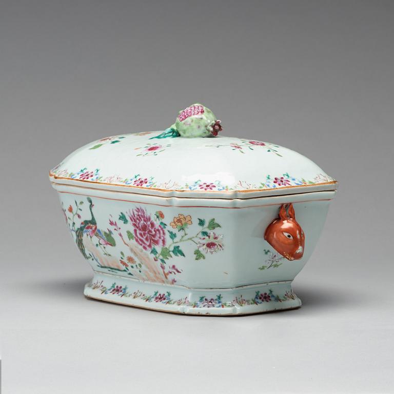 A famille rose 'double peacock' tureen with cover and stand, Qing dynasty, Qianlong (1736-1795).