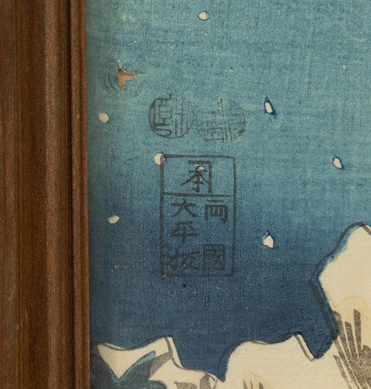 Utagawa Kunisada (Toyokuni III), Three woodblock prints, various motifs.