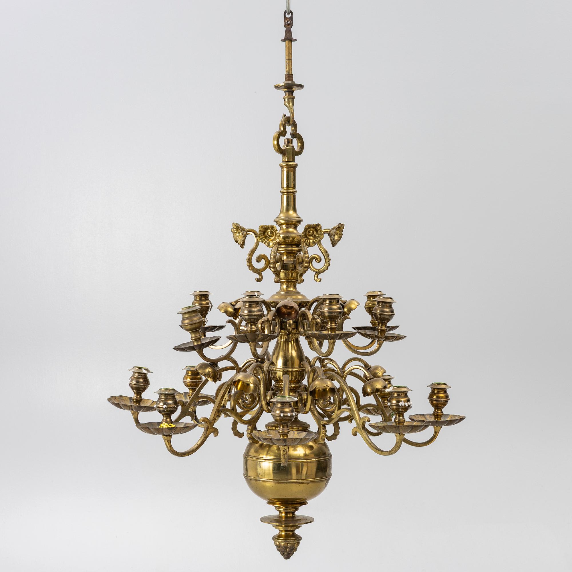 A Baroque style brass chandelier, 20th century.