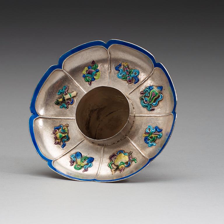 A silver and enamel cup stand, China, early 20th century.