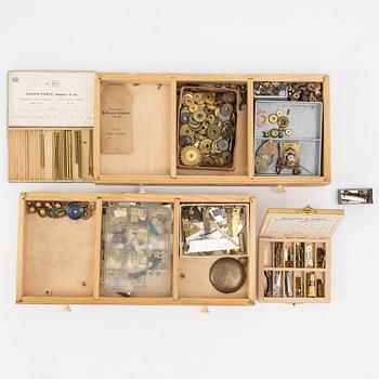 Watchmaking tools and spare parts, including a lathe by Lorch.