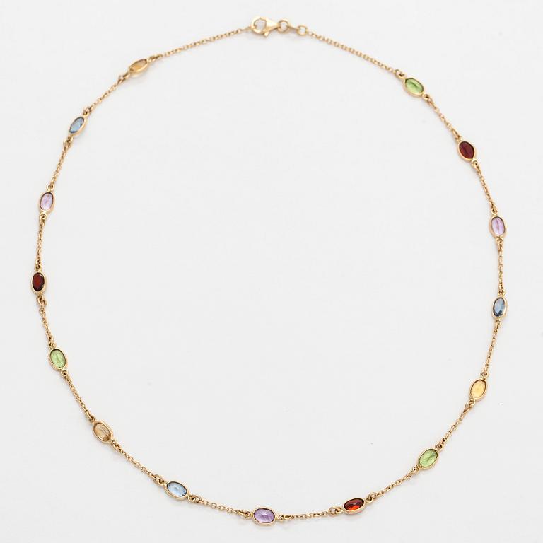 Halsband, 14K guld med slipade peridoter, granater, citriner och ametister.