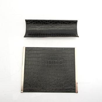 Armani Casa a three pcs leather desk set.