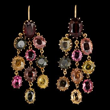 105. A pair of multi coloured chandelier earrings.