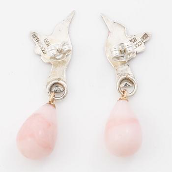 Mandelstam hummingbird earrings in silver and 18K gold, enamel and pink opal.