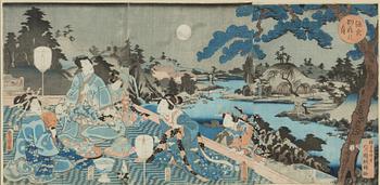 Utagawa Kunisada och Utagawa Kuniyoshi, träsnitt (triptyk resp diptyk).