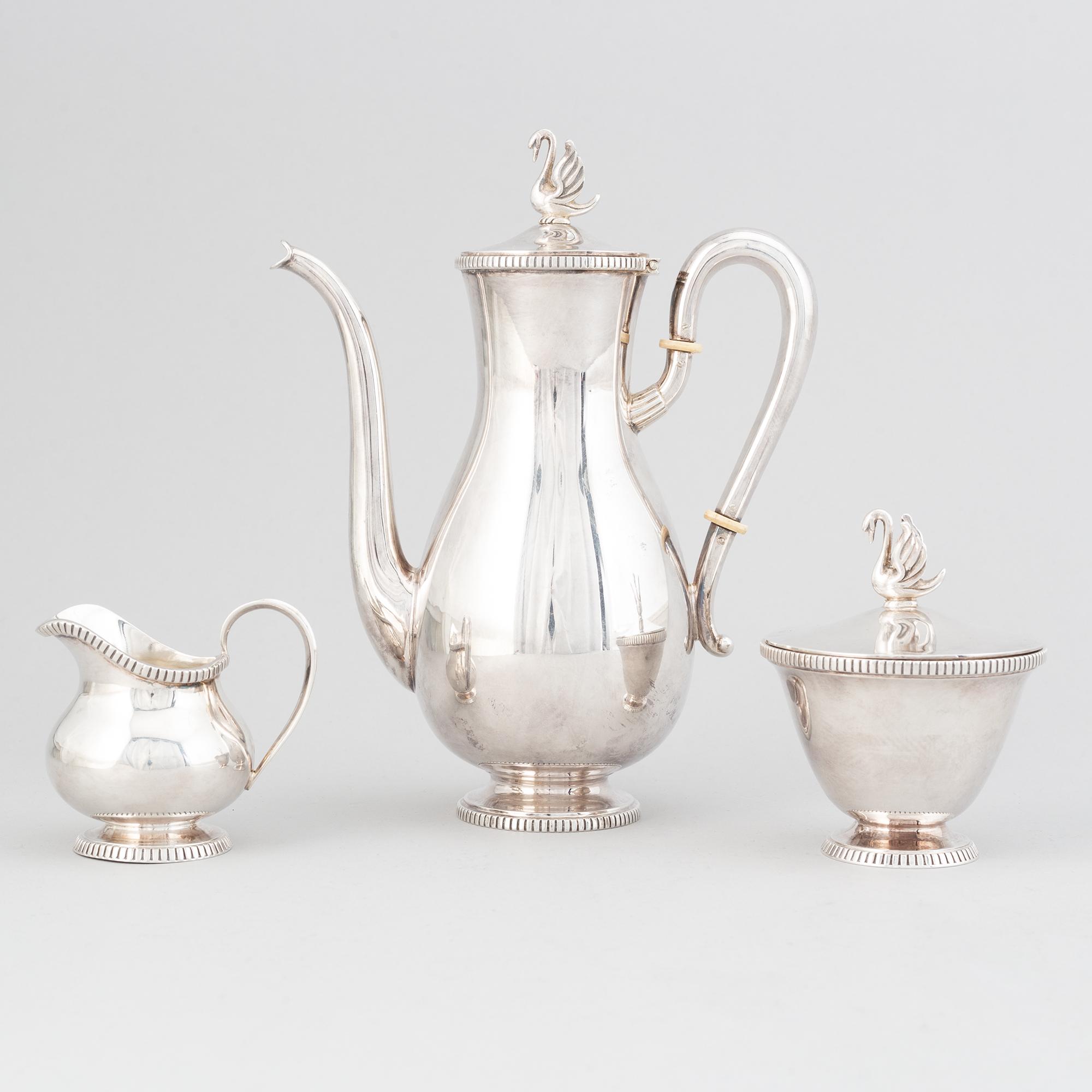 Mockaservis, 3 delar, silver, Svenska importstämplar, 1900-tal.