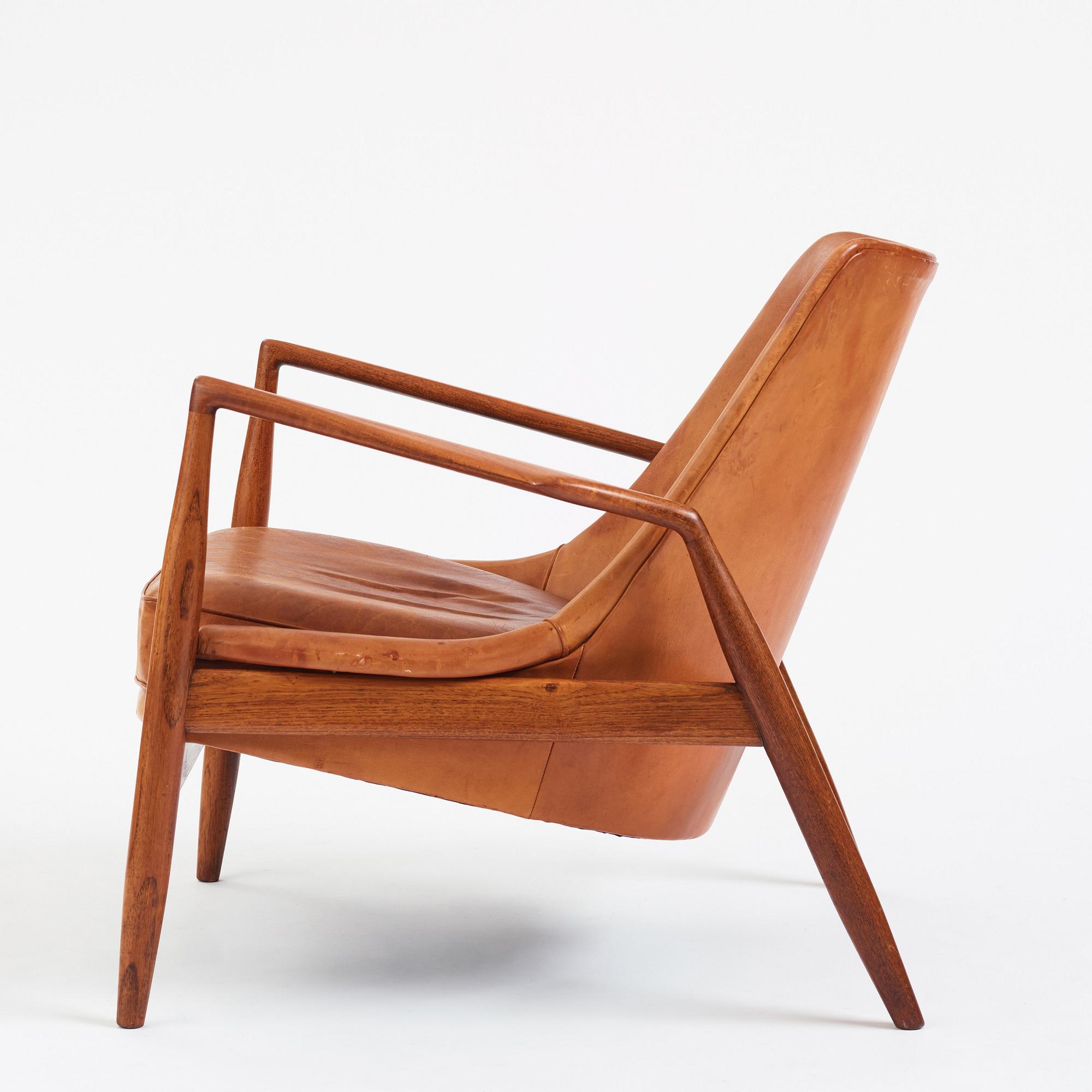 Ib Kofod-Larsen, a teak and cognac coloured leather 'Sälen' easy chair, Olof Perssons Fåtöljindustri (OPE), Sweden, 1950-60s.