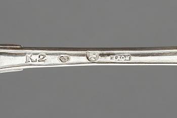 TESKEDAR, 6 st, silver, Lars Boye, Stockholm, 1791-92. Vikt 126 g.