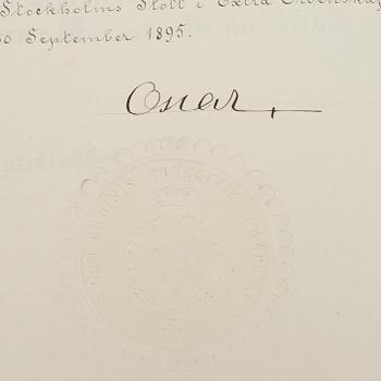 OSCAR II AV SVERIGE OCH NORGE, 2 dokument med autografer, daterade Stockholms slott 10 dec 1892 resp 30 sept 1895.