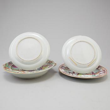 Three chinese famille rose dishes and one hot water dish, 18th and 19th century.
