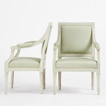A pair of Gustavian open-back armchairs, late 18th century.