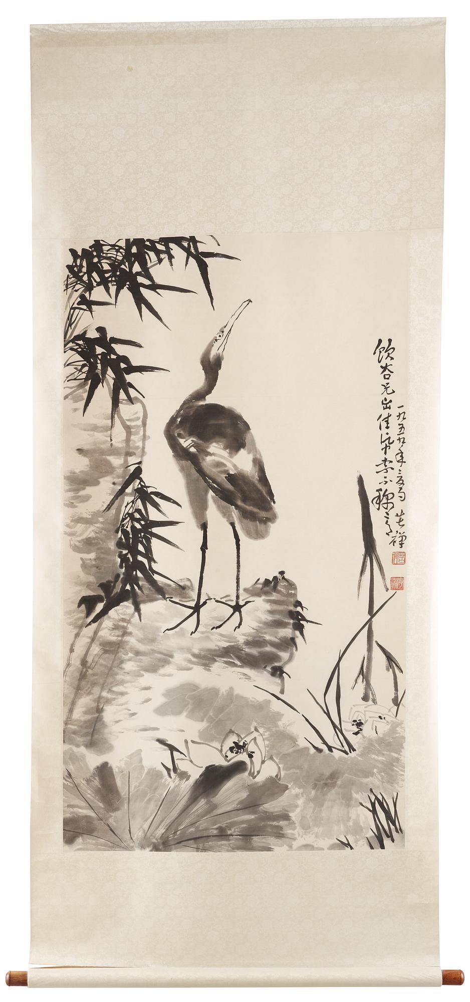 Li Kuchan, "Crane, Cliff, Bamboo and Lotus", a fine hanging scroll, signed and dated 1959.