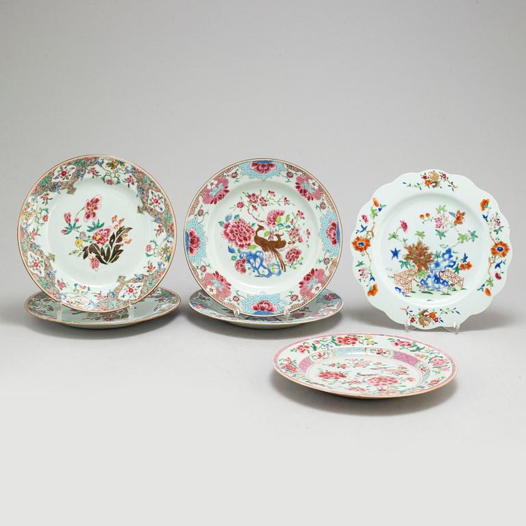 Six (2+2+1+1) famille rose plates, Qing dynasty, 18th century.