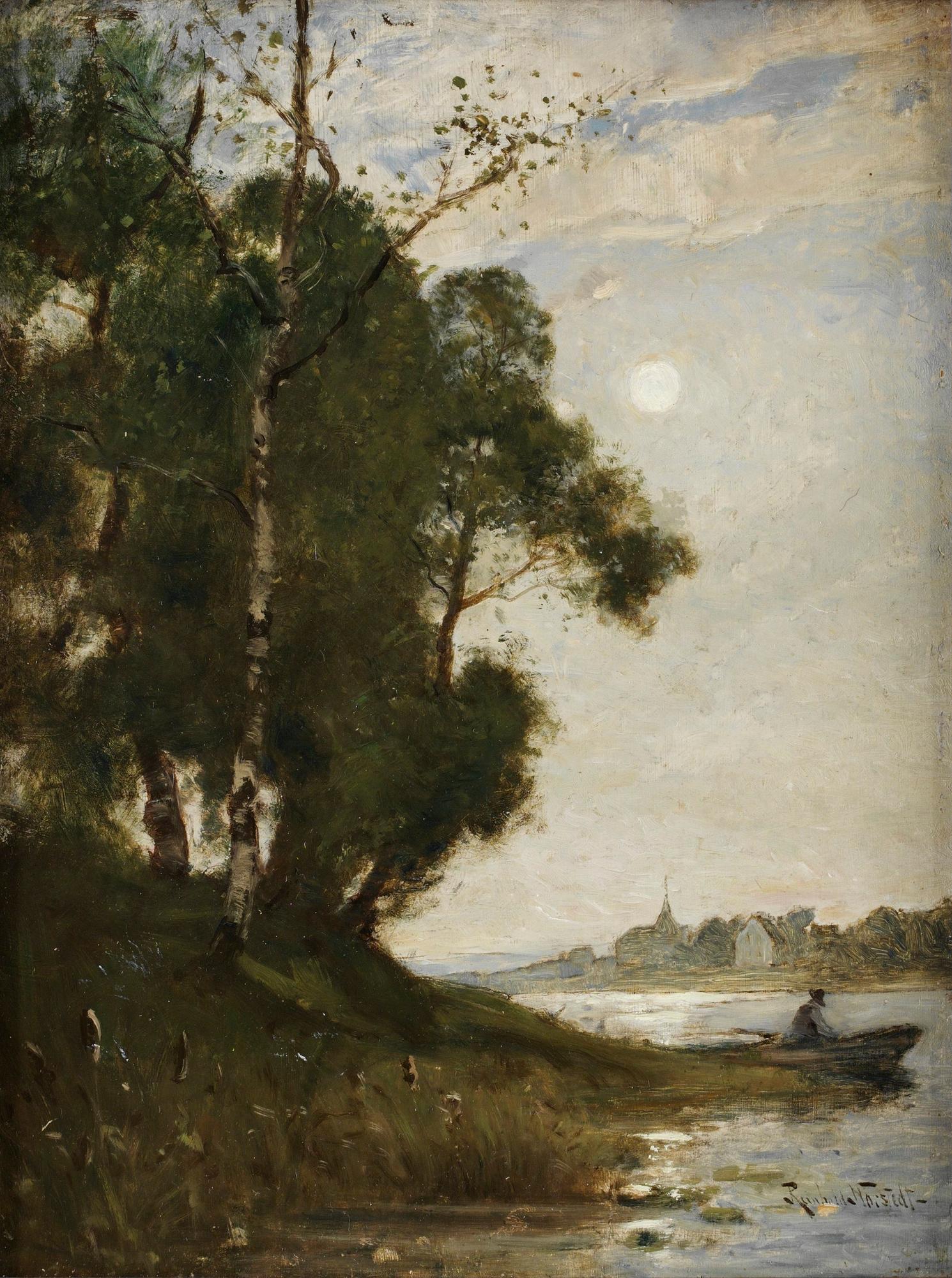 Reinhold Norstedt, Månskenslandskap med fiskare i en båt intill en strand; i bakgrunden en by.