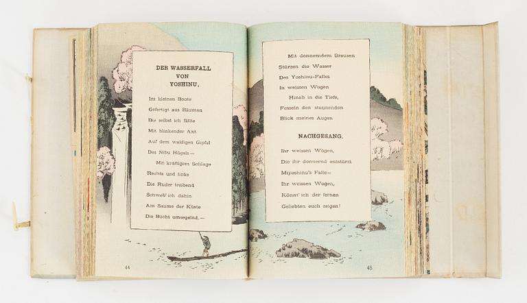 Japanese poems and dramas with woodblock print illustrations, 2 vol, dated 1906 and 1911.