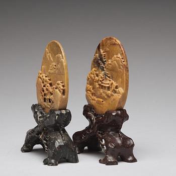 Two Chinese soapstone placques and stands, early 20th Century.