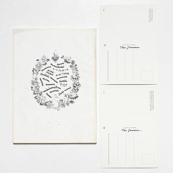 Tove Jansson, book, 'Muumi Hvitträskissä Mumintrollet i Hvitträsk 1974' signed, along with two signed postcards.