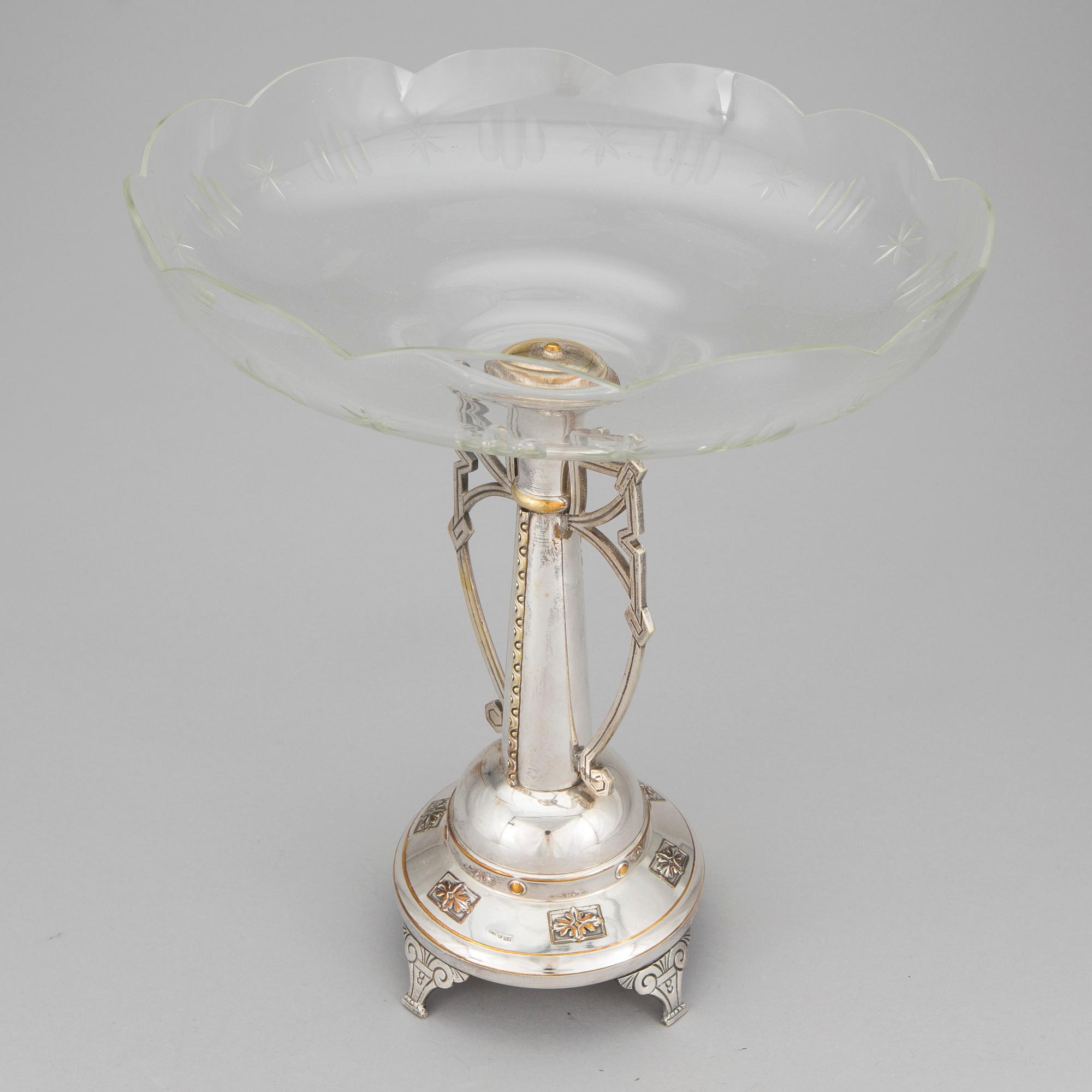 UPPSATSSKÅL, jugend, nysilver och glas, Axel Neuman, Södertälje, 1913-1918.