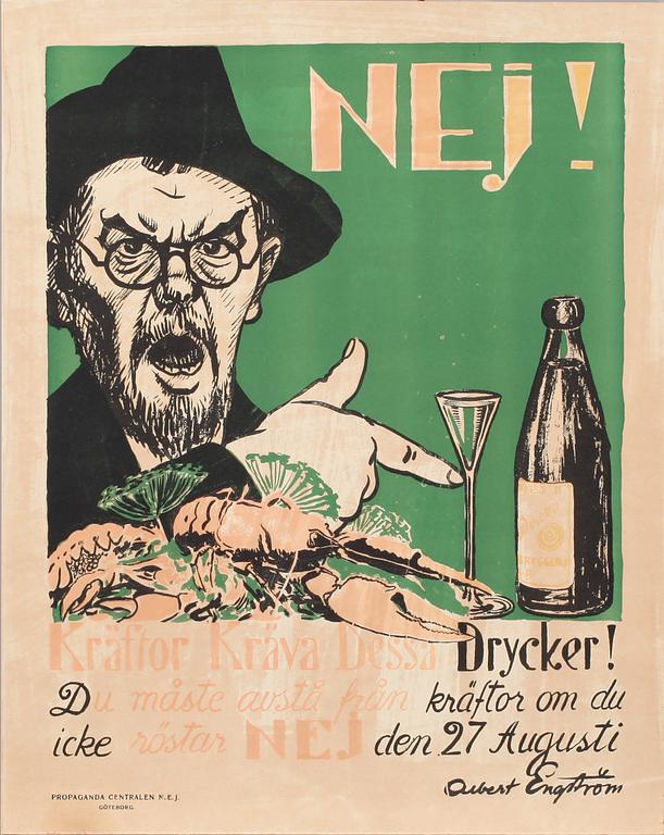 FÖRBUDSAFFISCH, Albert Engström, efter, utgiven av Propagande centralen N.E.J, omkring 1900-talets mitt.