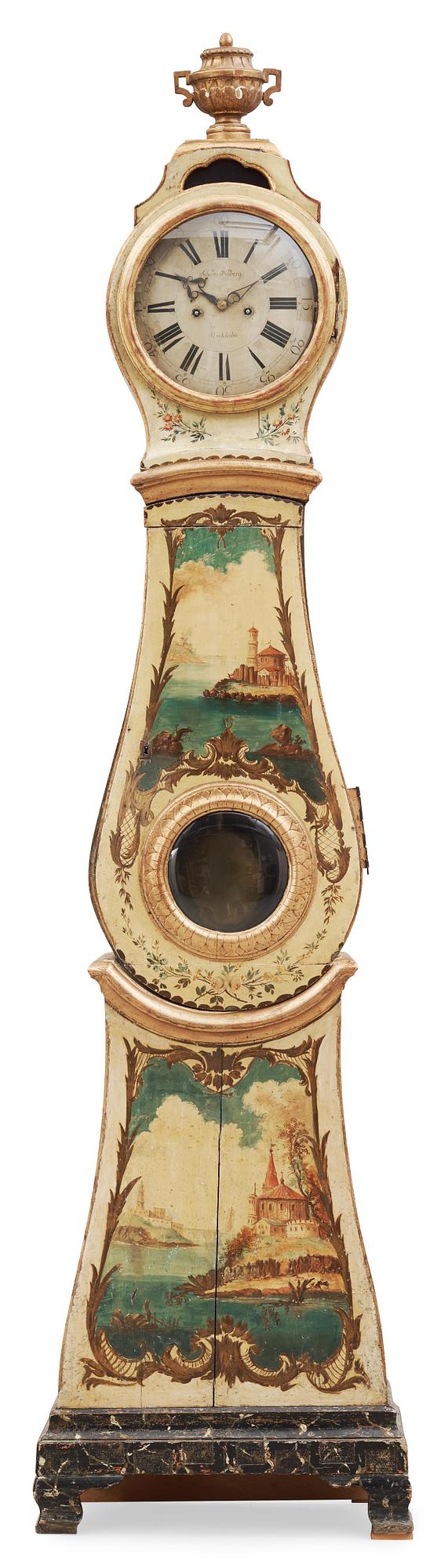 A Swedish Rococo 18th century long-case clock by J. Nyberg, master in Stockholm 1748-68.