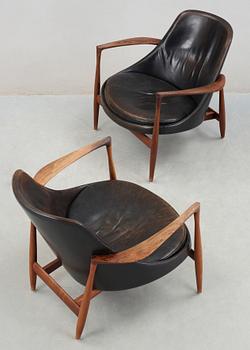 A pair of Ib Kofod Larsen palisander and black leather 'Elisabeth' easy chairs, Christensen & Larsen, Denmark 1950-60's.