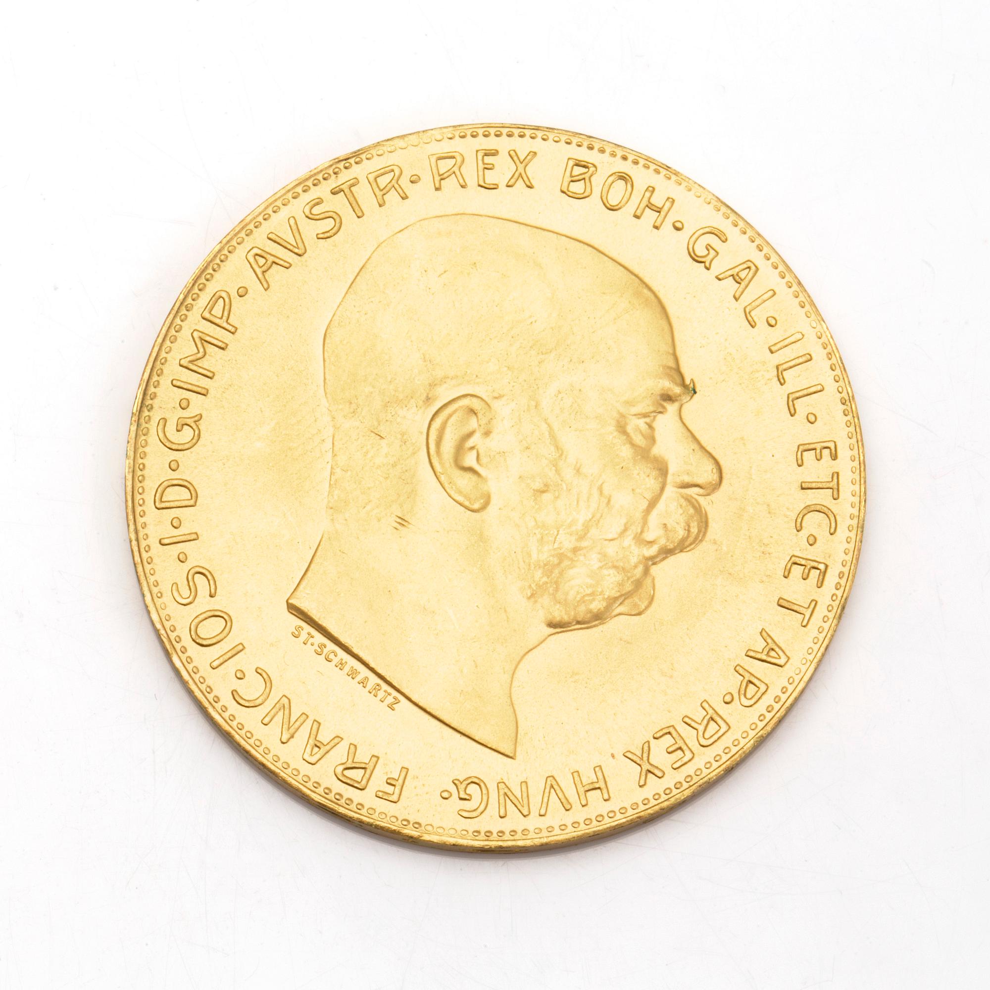 AUSTRIAN 100 CORONA GOLD COIN, 21,6 ct, 1915. Ca 34 grams.